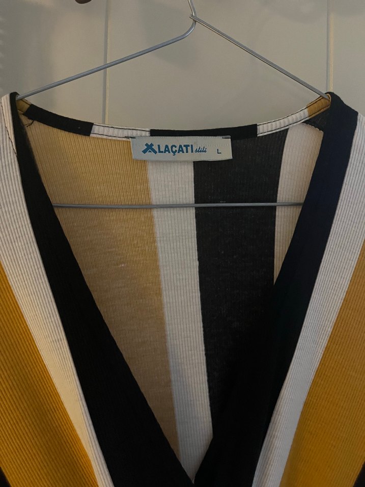 Sarı Siyah Çizgili Midi Kadın Elbise -tunik - Görsel 3