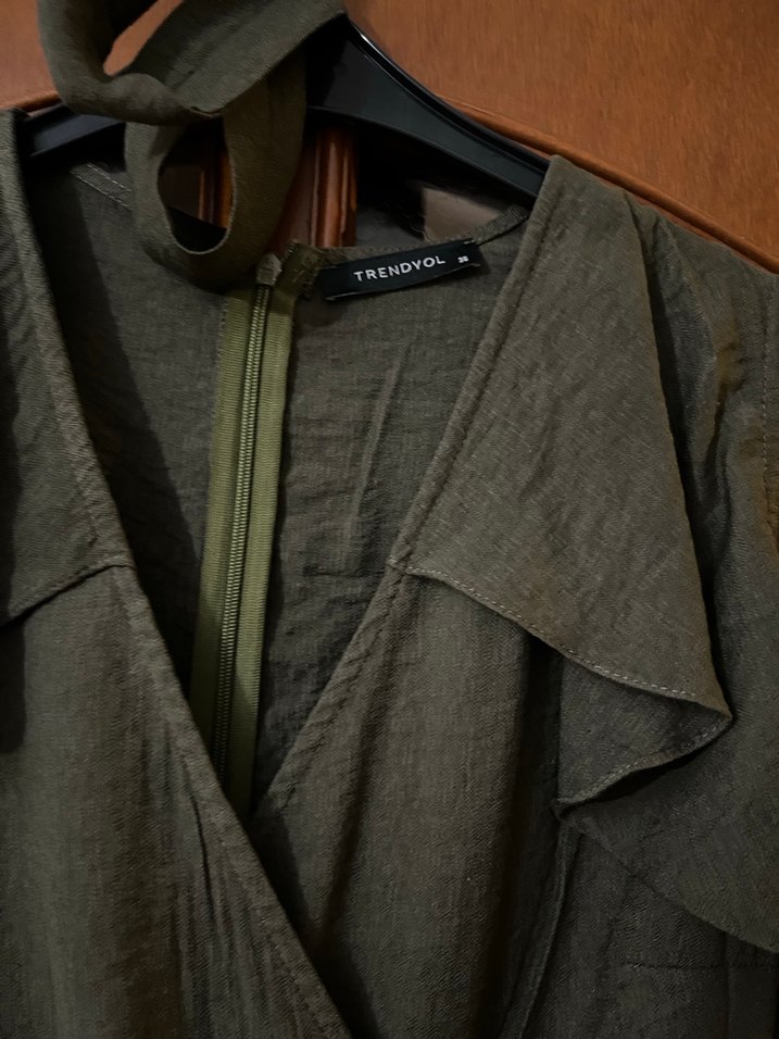 Gri V Yaka Keten Midi Tulum - Görsel 4