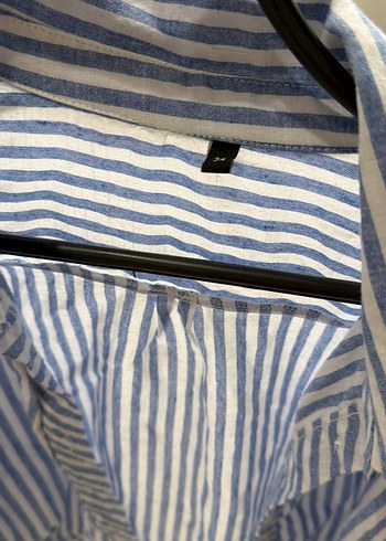 Çizgili Mavi Keten Kadın Gömlek - Görsel 3