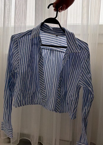 Çizgili Mavi Keten Kadın Gömlek - Görsel 2