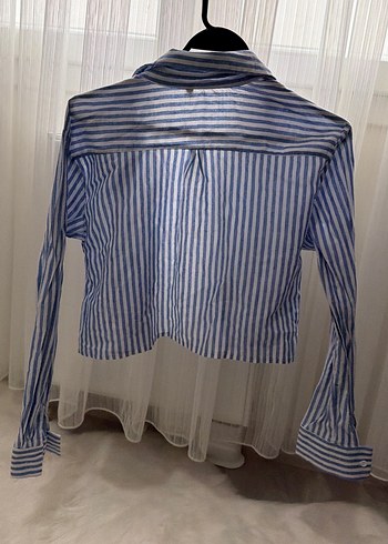 Çizgili Mavi Keten Kadın Gömlek - Görsel 4