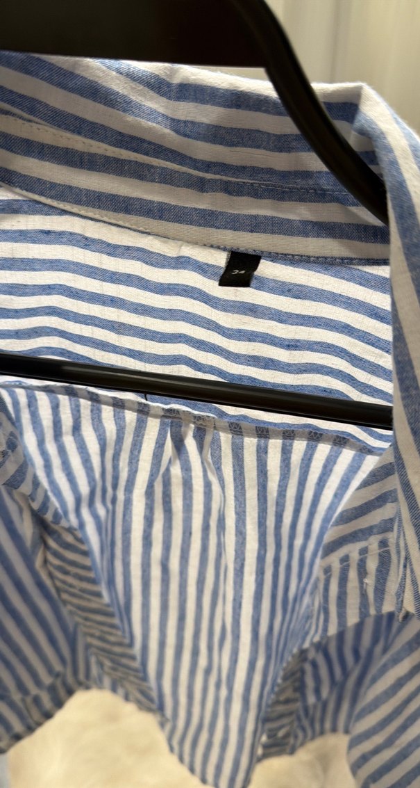 Çizgili Mavi Keten Kadın Gömlek - Görsel 3