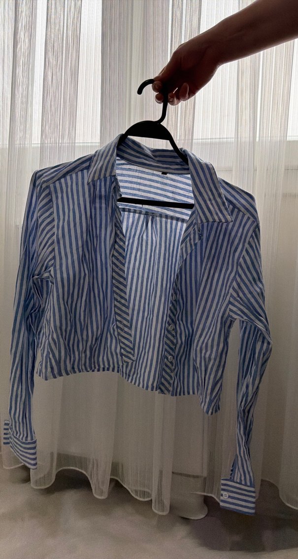 Çizgili Mavi Keten Kadın Gömlek - Görsel 2