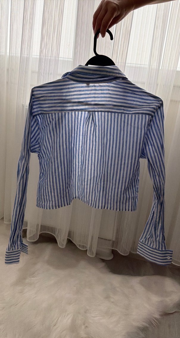 Çizgili Mavi Keten Kadın Gömlek - Görsel 4