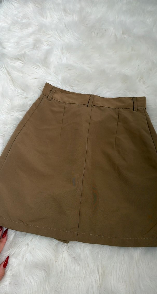 Düğmeli Kahverengi Mini Etek - Görsel 4