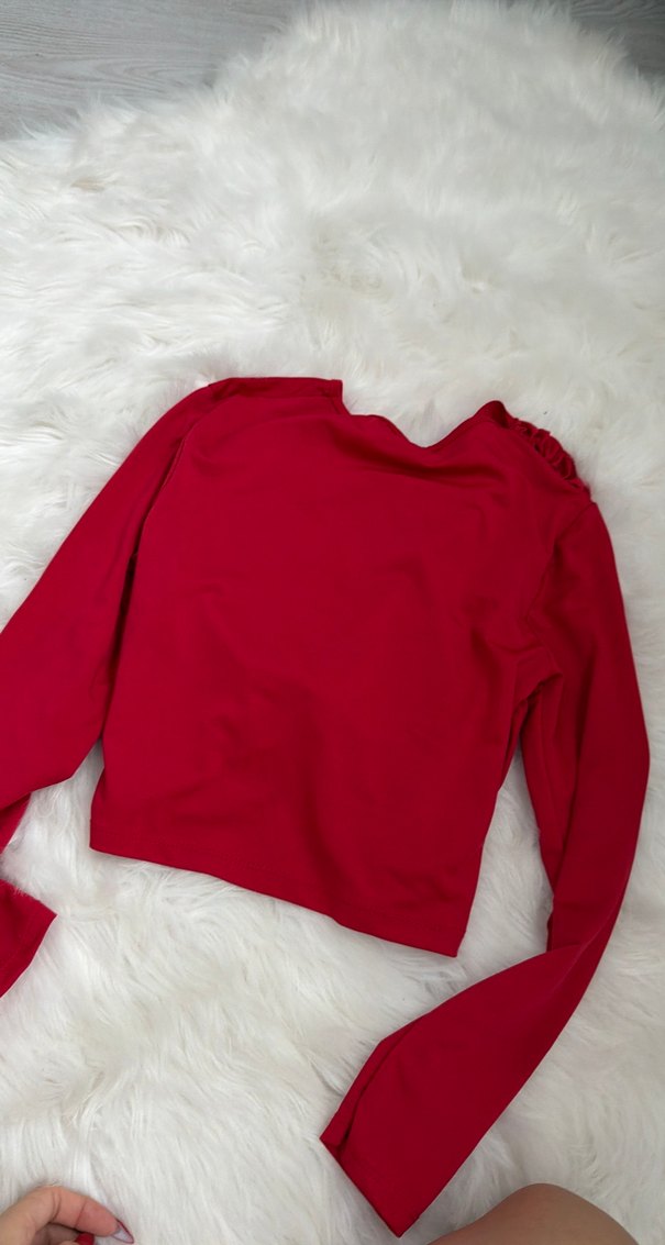 Kadın Kırmızı Drapeli Uzun Kollu Bluz - Görsel 4