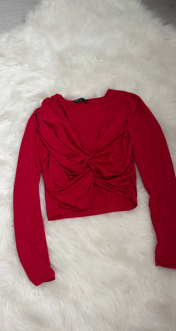 Kadın Kırmızı Drapeli Uzun Kollu Bluz - Görsel 2