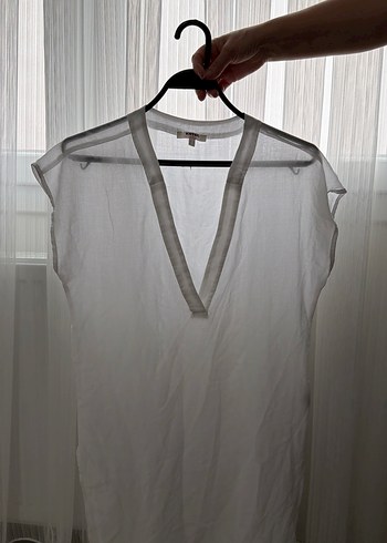 V Yaka Kolsuz Beyaz Keten Midi Elbise - Görsel 2