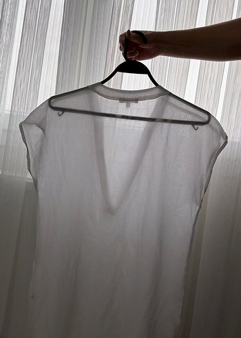 V Yaka Kolsuz Beyaz Keten Midi Elbise - Görsel 4