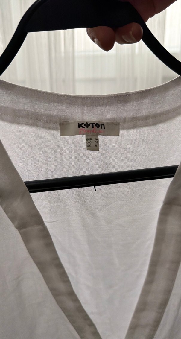 V Yaka Kolsuz Beyaz Keten Midi Elbise - Görsel 3