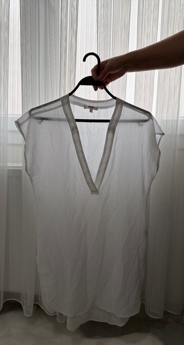 V Yaka Kolsuz Beyaz Keten Midi Elbise - Görsel 2