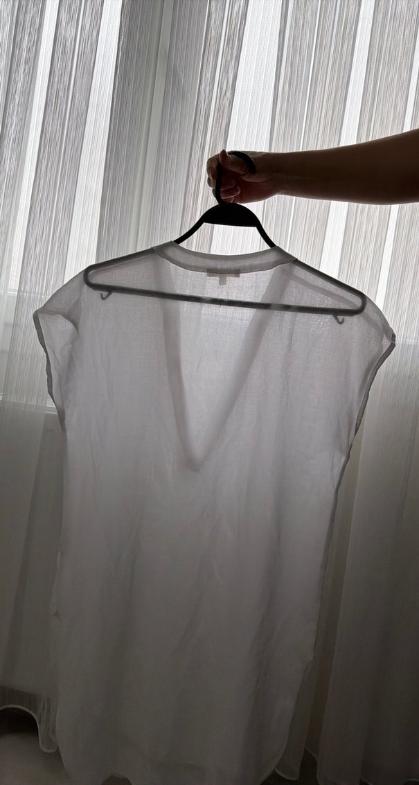 V Yaka Kolsuz Beyaz Keten Midi Elbise - Görsel 4