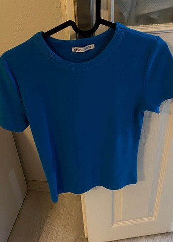 Zara kisa Kollu Mavi Basic Kadın Tişört