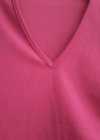 Pembe ve yeşil yandan Drapeli v yaka kısa kol  Bluz veya tunik - Görsel 6