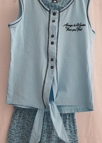 Mavi Bağcıklı Kolsuz Rahat Pijama Takımı - Görsel 4