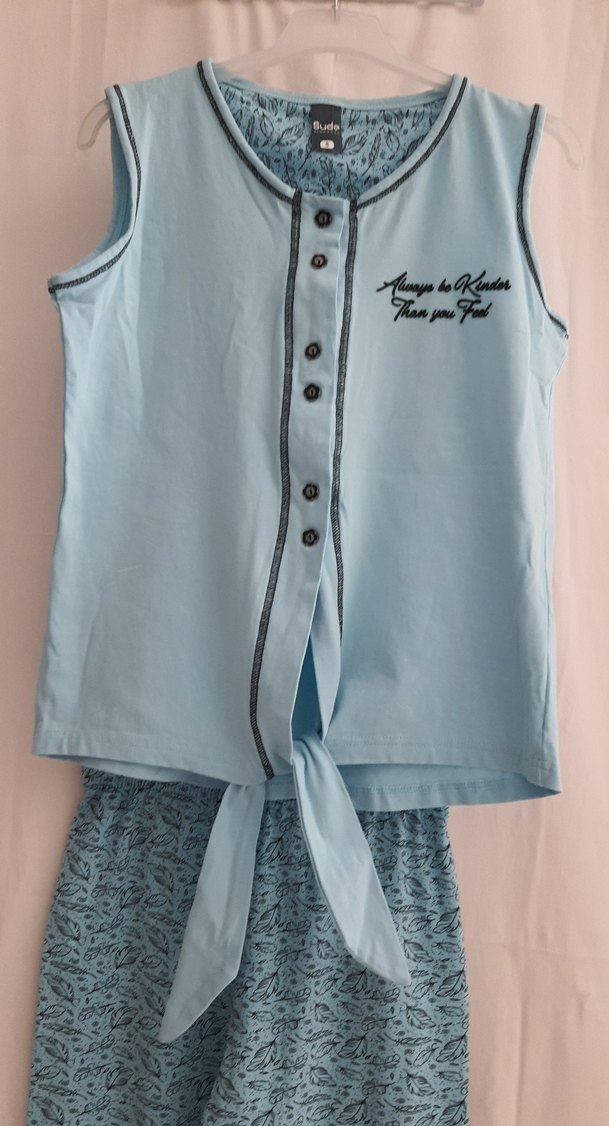 Mavi Bağcıklı Kolsuz Rahat Pijama Takımı - Görsel 4