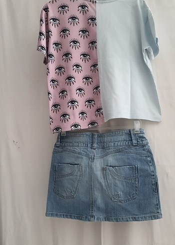 Pembe Batik Desenli tişört veMini Kot Etek - Görsel 12