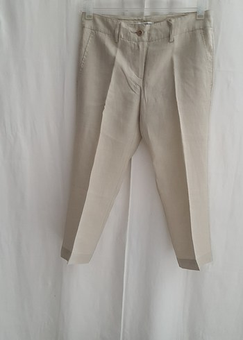 Bej Keten Kadın Kumaş Pantolon Midi Boy - Görsel 6