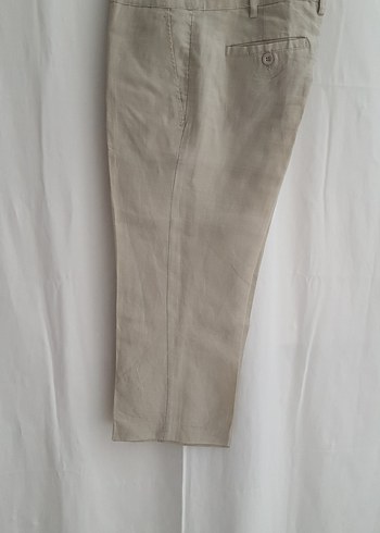 Bej Keten Kadın Kumaş Pantolon Midi Boy - Görsel 5