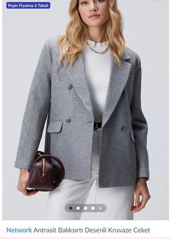 Network Gri Düğmeli Kadın Midi Blazer Ceket - Görsel 3