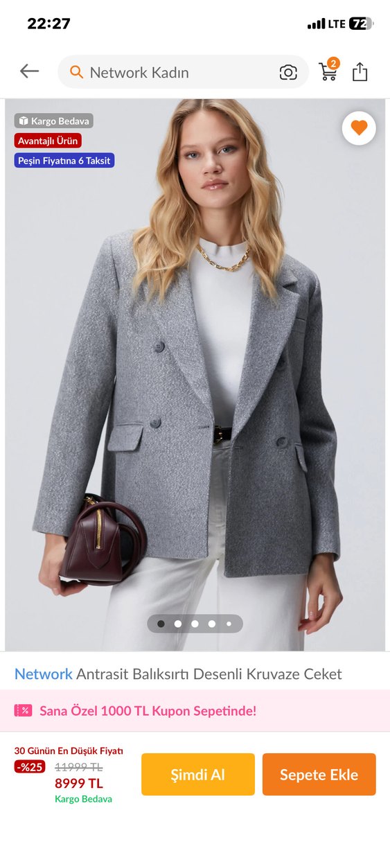 Network Gri Düğmeli Kadın Midi Blazer Ceket - Görsel 3