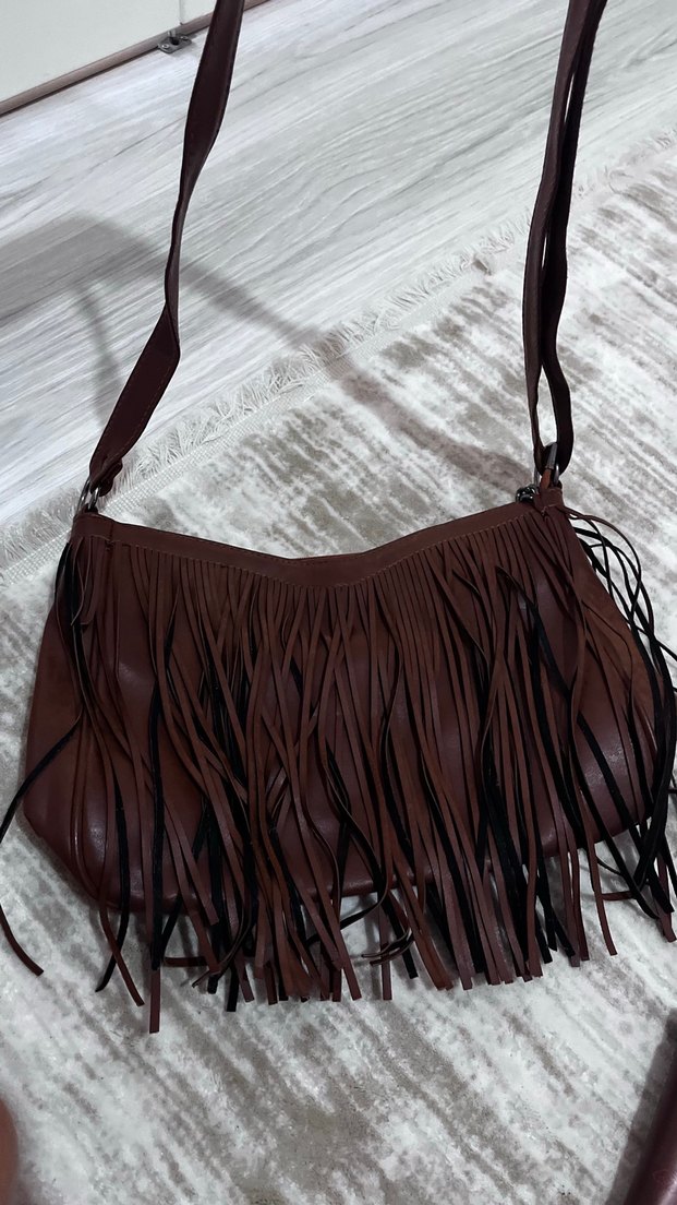 Püsküllü Kahverengi Süet Kadın Çanta - Görsel 2