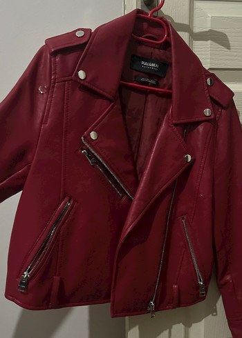 Bordo Deri Kemerli Biker Ceket - Görsel 5