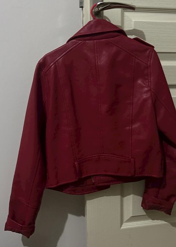 Bordo Deri Kemerli Biker Ceket - Görsel 2