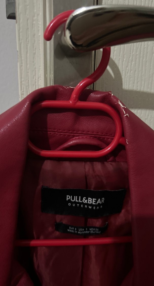 Bordo Deri Kemerli Biker Ceket - Görsel 3