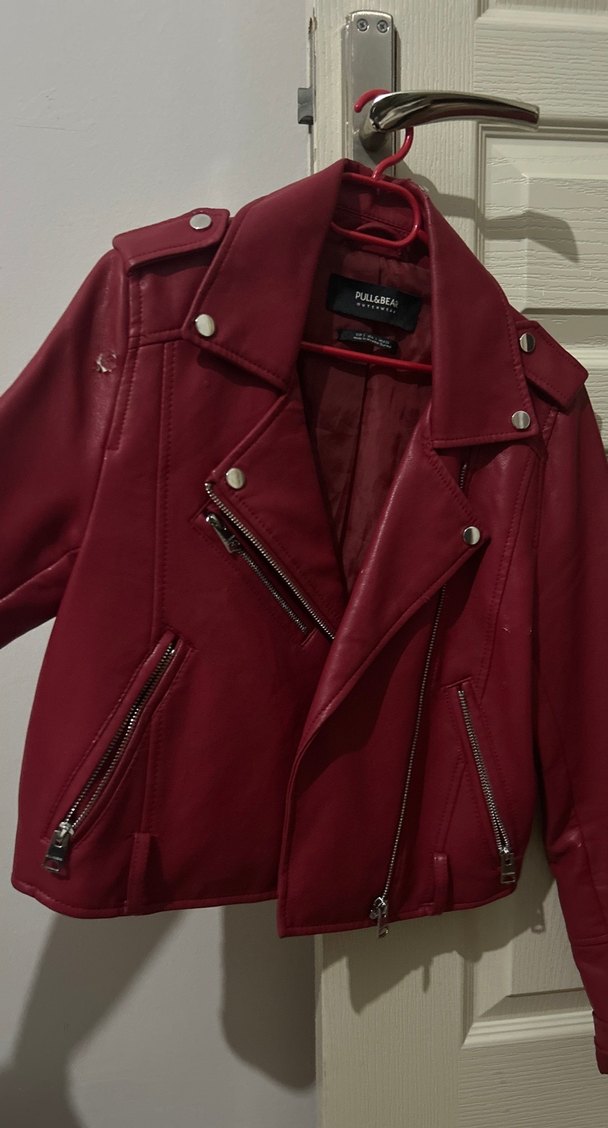 Bordo Deri Kemerli Biker Ceket - Görsel 5