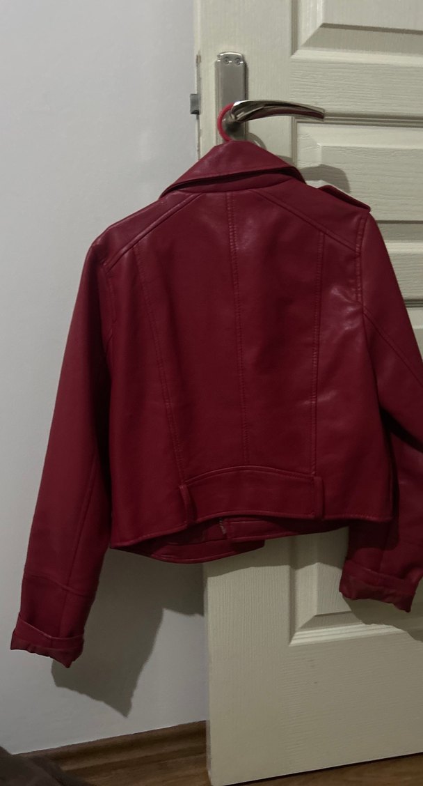 Bordo Deri Kemerli Biker Ceket - Görsel 2