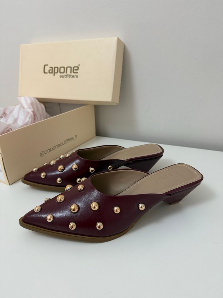 Bordo Boncuk Detaylı Topuklu Kadın Terlik - Görsel 3