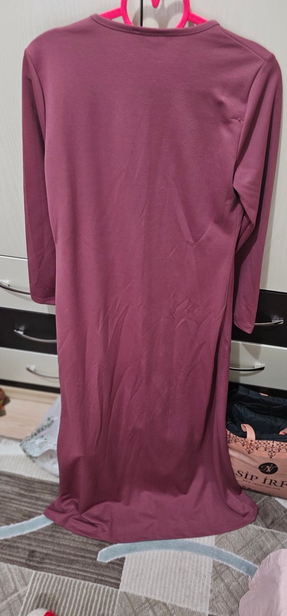 Koyu Kırmızı ve Mor Uzun Kollu Kadın Elbise - Görsel 5