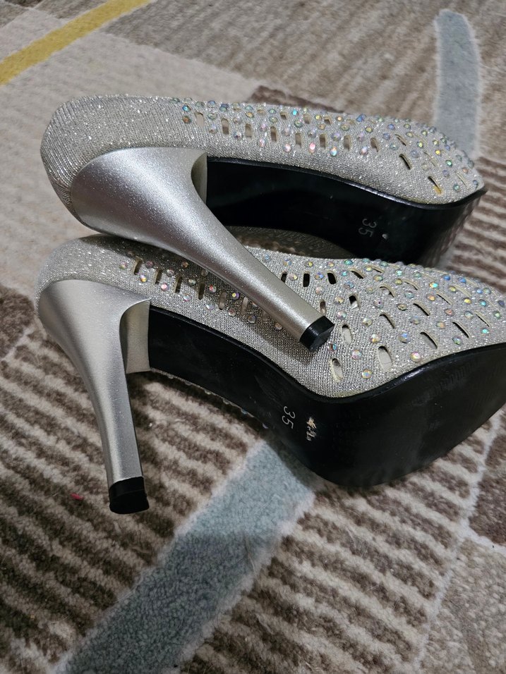 Gri Desenli Taşlı Kadın Topuklu Ayakkabı - Görsel 2