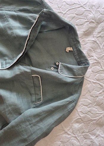 Yargıcı Su yeşili Gri Keten Uzun Kollu Düğmeli Gömlek - Görsel 4