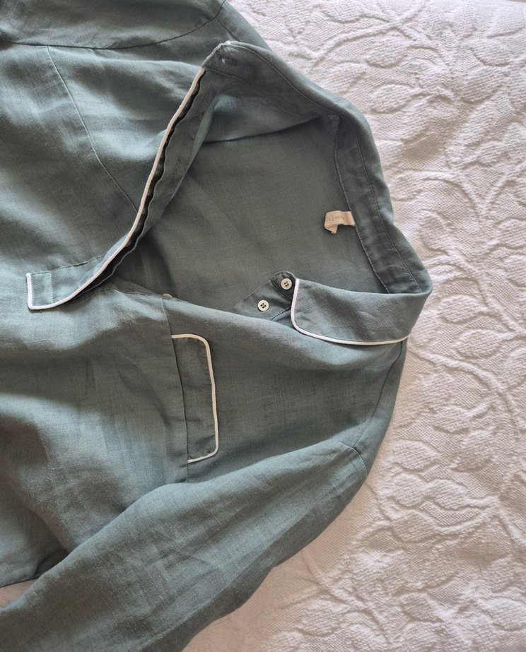 Yargıcı Su yeşili Gri Keten Uzun Kollu Düğmeli Gömlek - Görsel 4