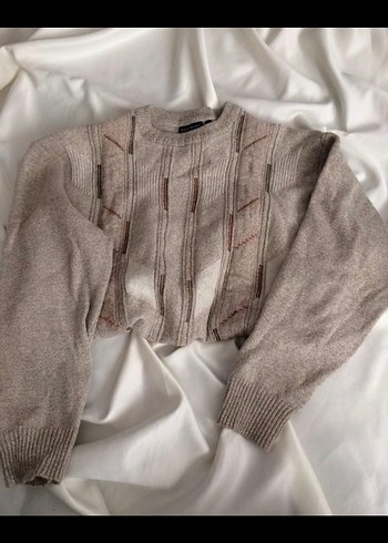 Vintage Bej Triko Kadın Bisiklet Yaka Salaş Kazak - Görsel 2