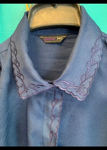 Vintage Düğmeli, Uzun Kollu Lacivert Kadın Gömlek - Görsel 3