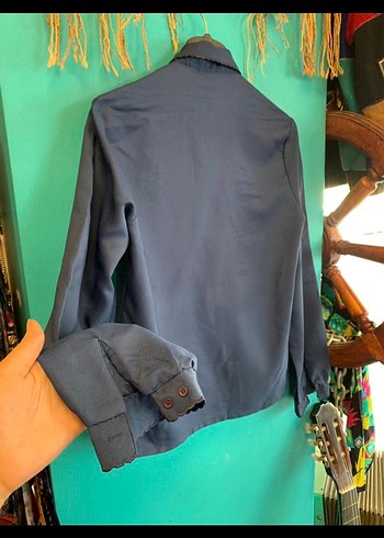 Vintage Düğmeli, Uzun Kollu Lacivert Kadın Gömlek - Görsel 6