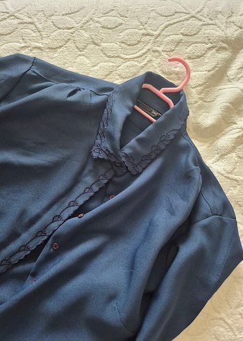 Vintage Düğmeli, Uzun Kollu Lacivert Kadın Gömlek - Görsel 7