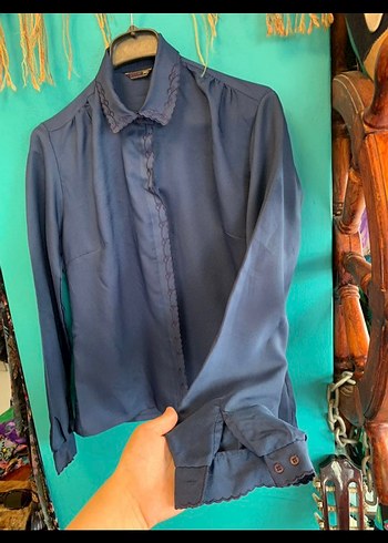 Vintage Düğmeli, Uzun Kollu Lacivert Kadın Gömlek - Görsel 4