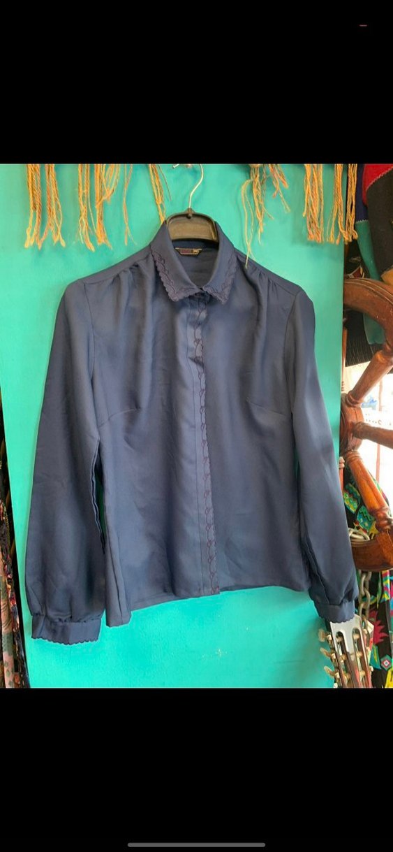 Vintage Düğmeli, Uzun Kollu Lacivert Kadın Gömlek - Görsel 5