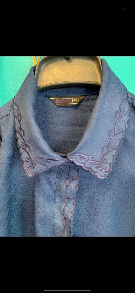 Vintage Düğmeli, Uzun Kollu Lacivert Kadın Gömlek - Görsel 3