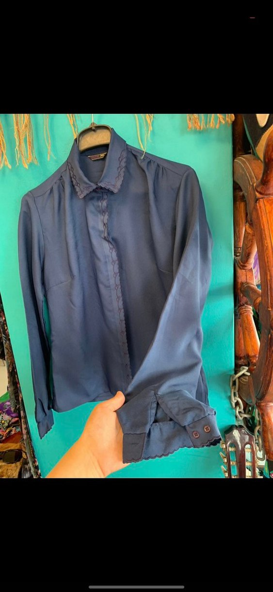 Vintage Düğmeli, Uzun Kollu Lacivert Kadın Gömlek - Görsel 4