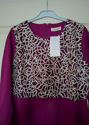 Bordo Nakışlı Uzun Kollu Abiye Elbise - Görsel 6