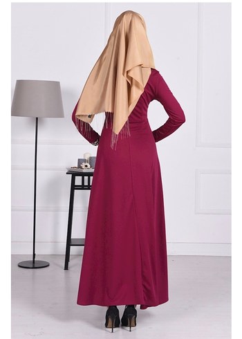 Bordo Nakışlı Uzun Kollu Abiye Elbise - Görsel 2