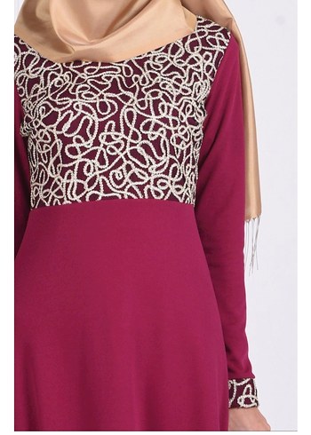 Bordo Nakışlı Uzun Kollu Abiye Elbise - Görsel 3