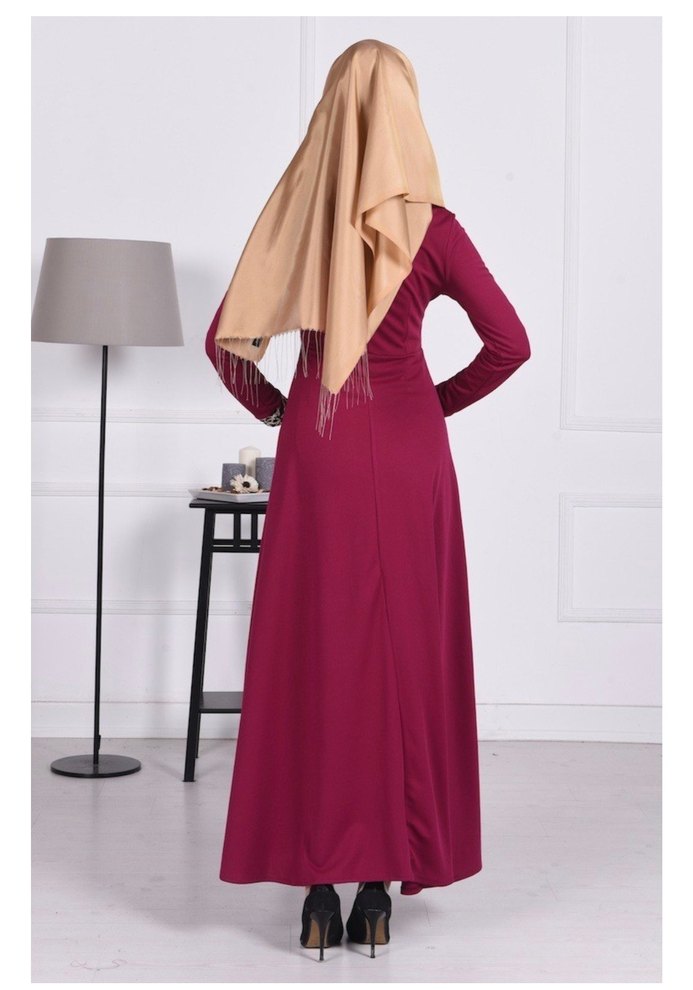 Bordo Nakışlı Uzun Kollu Abiye Elbise - Görsel 2