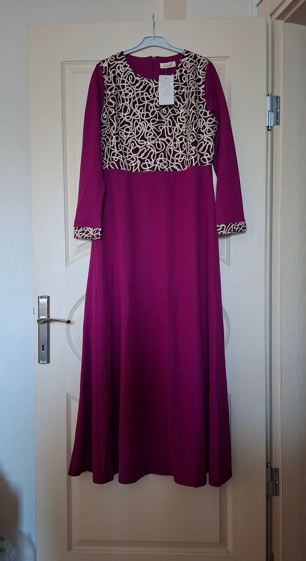 Bordo Nakışlı Uzun Kollu Abiye Elbise - Görsel 4