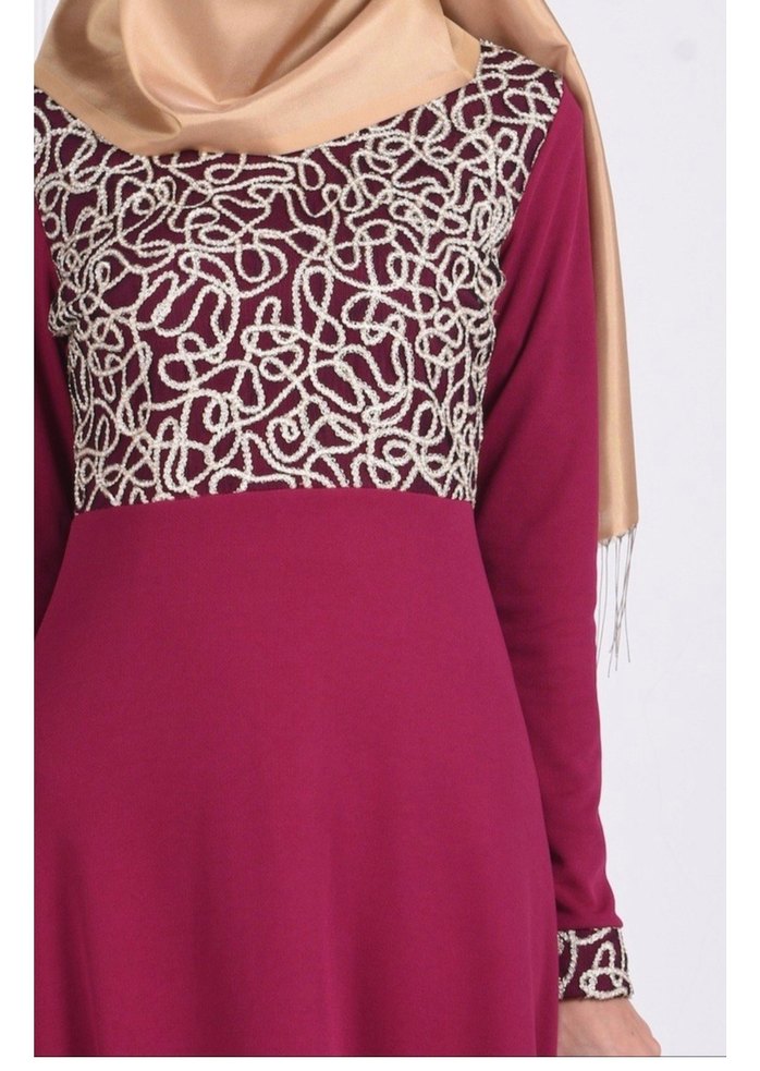 Bordo Nakışlı Uzun Kollu Abiye Elbise - Görsel 3